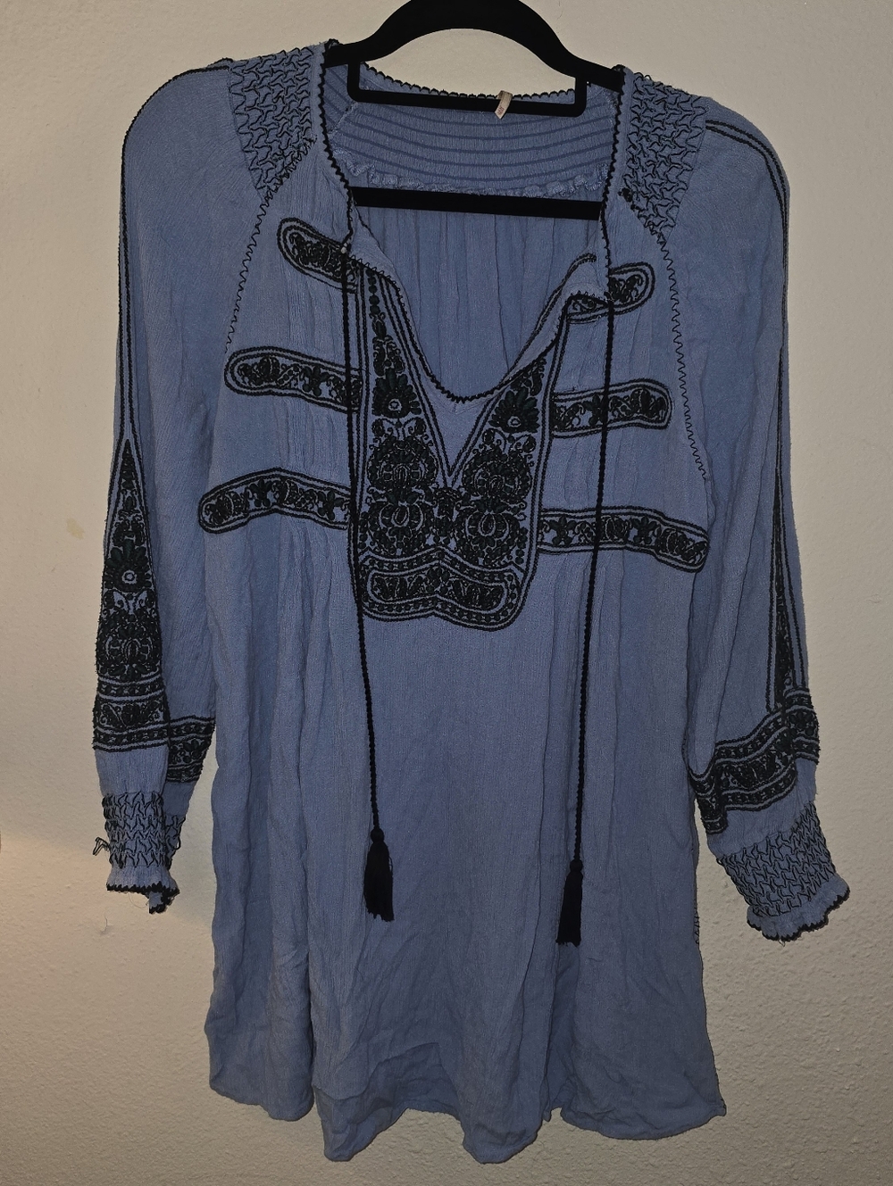 Free People Blue Embroidered Boho Tunic Mini Dress Tassel Tie Size XS